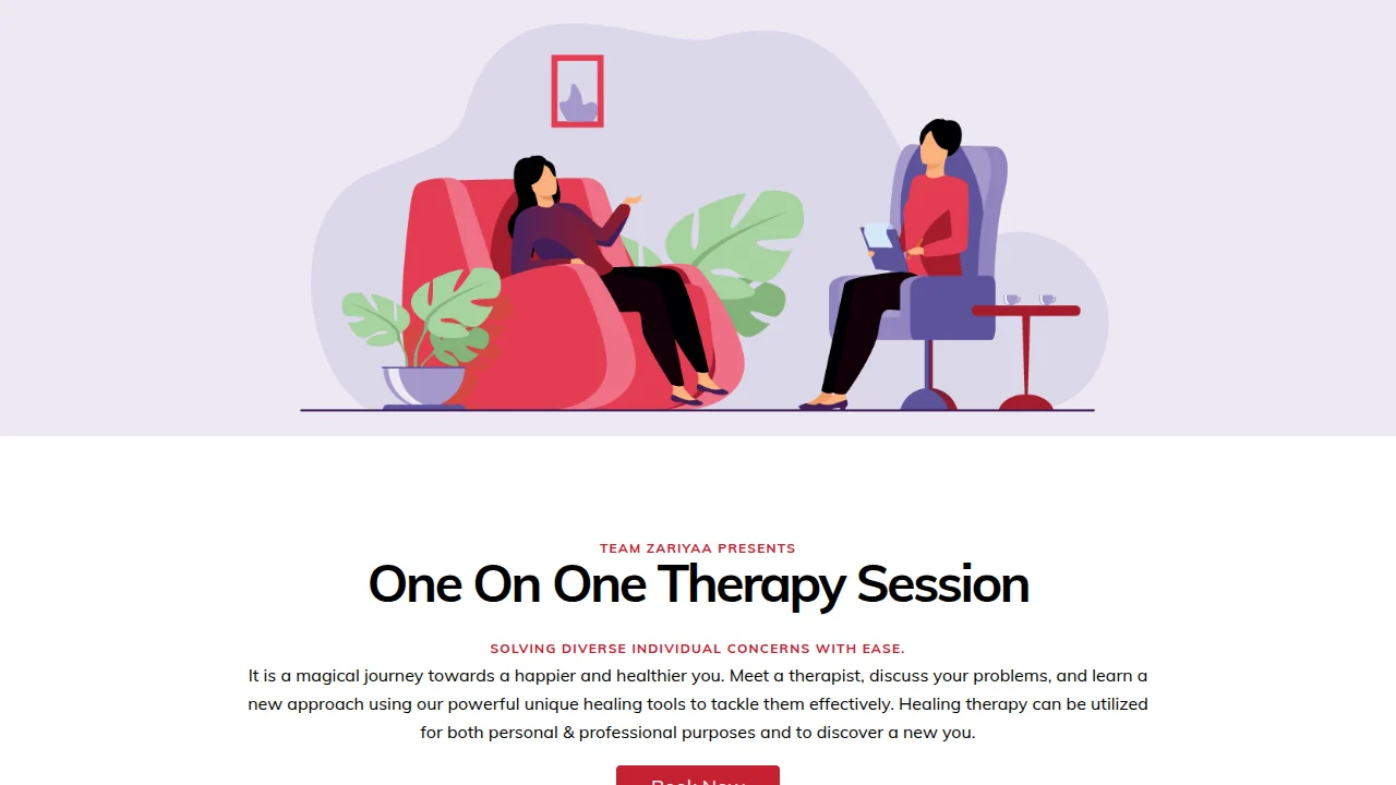 Zariyaa One On One Therapy landing page with an illustration of a therapy session above the heading One On One Therapy Session